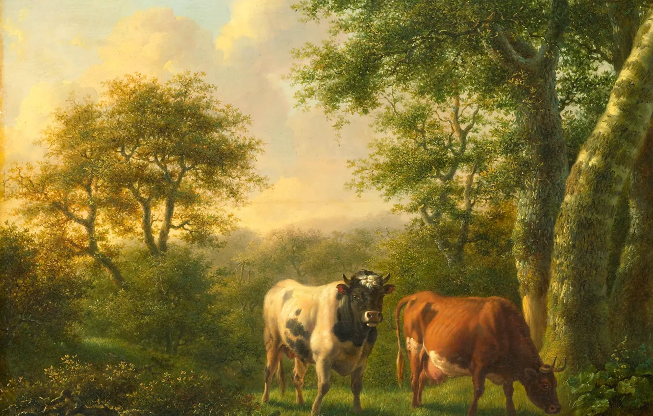 Photo wallpaper animal, picture, cows, Landscape with Cattle, Adolf Karel Maximiliaan Engel