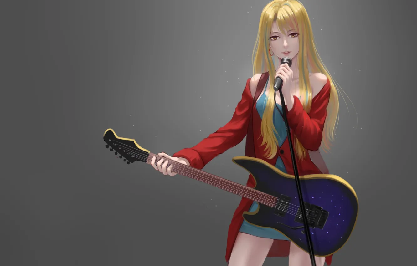 Photo wallpaper girl, background, guitar, microphone, anime, art