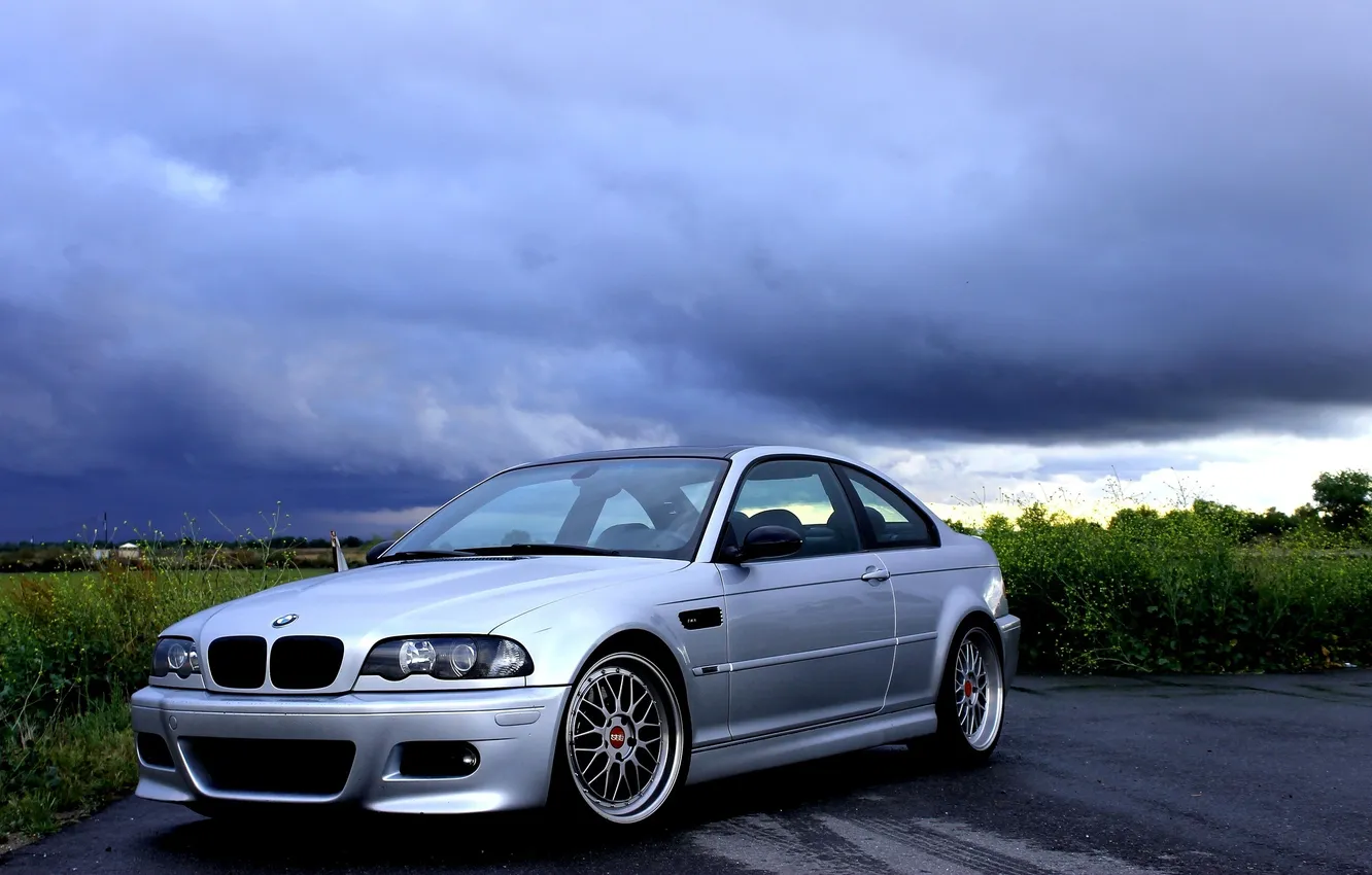 Photo wallpaper field, the sky, clouds, BMW, silver, BMW, drives, field