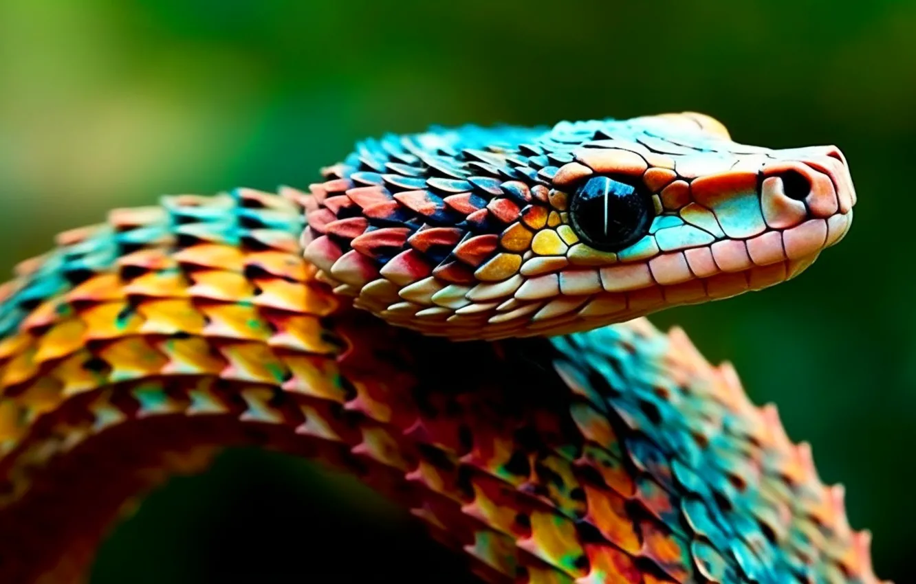 Photo wallpaper colorful, snake, animals, blurred, closeup, green background, blurry background, AI art