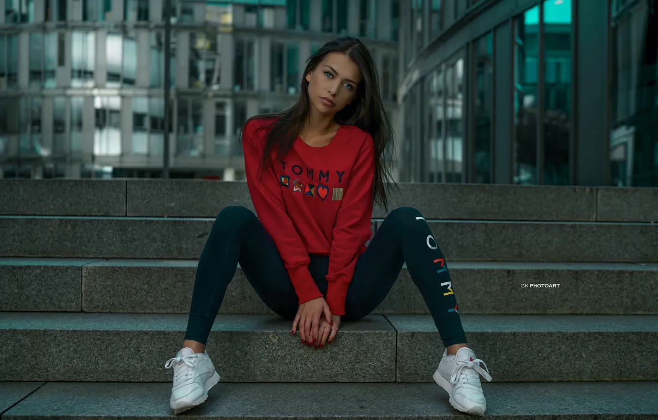 Photo wallpaper look, girl, hair, steps, legs, sitting, sneakers, Jessica