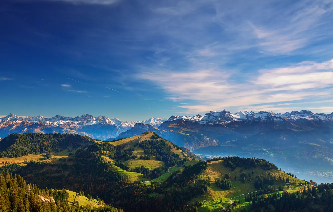 Photo wallpaper the sky, light, mountains, valley, Alps