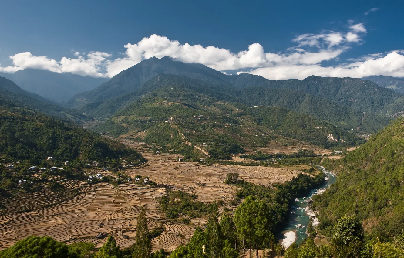 Photo wallpaper field, clouds, mountains