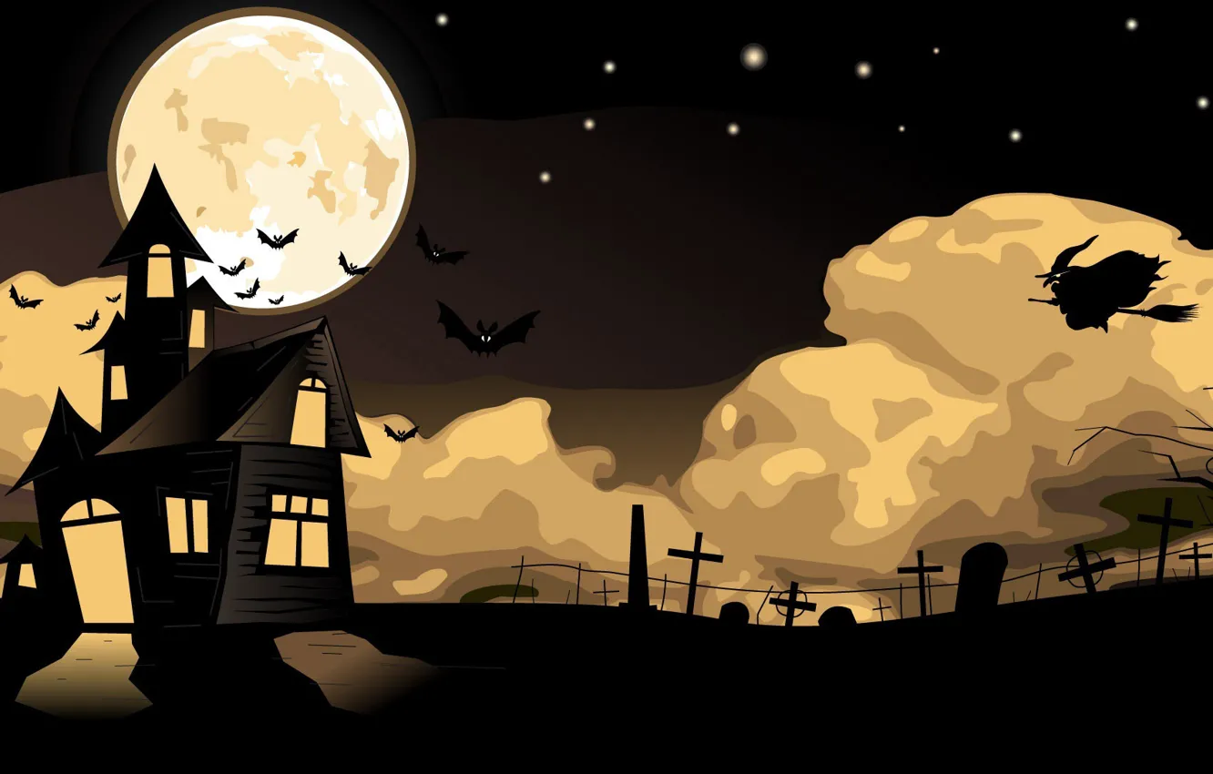 Photo wallpaper Halloween, moon, house, holidays, flying, cemetery, fear, bats