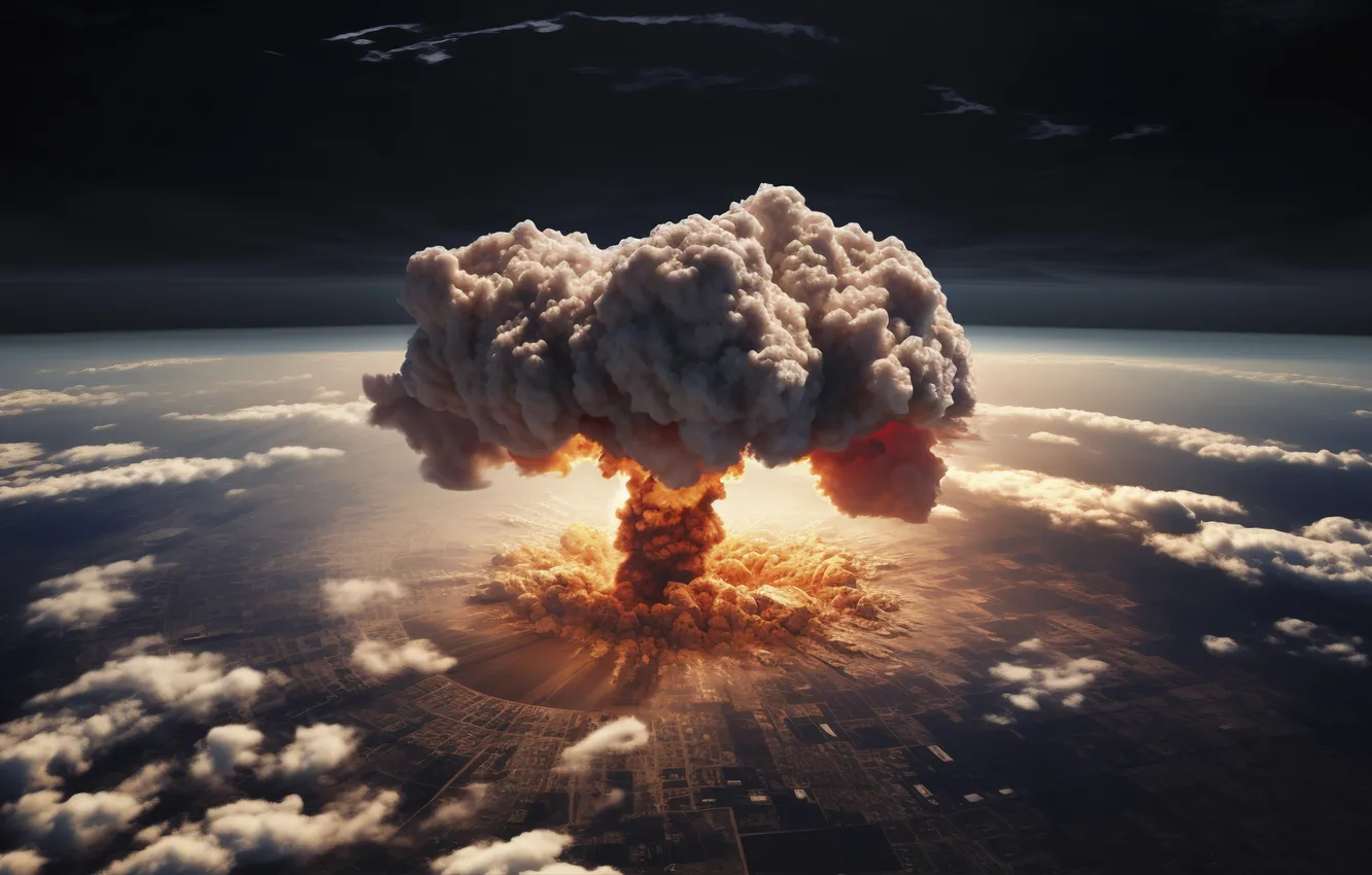Photo wallpaper the explosion, the city, mushrooms, destruction, a nuclear explosion, digital art, nuclear weapons, AI art