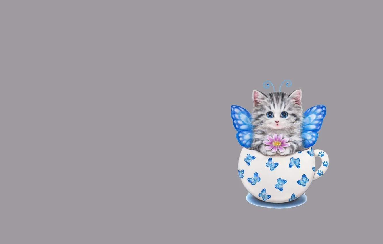 Photo wallpaper art, mug, kitty, flowers, children's, Caemi Hara