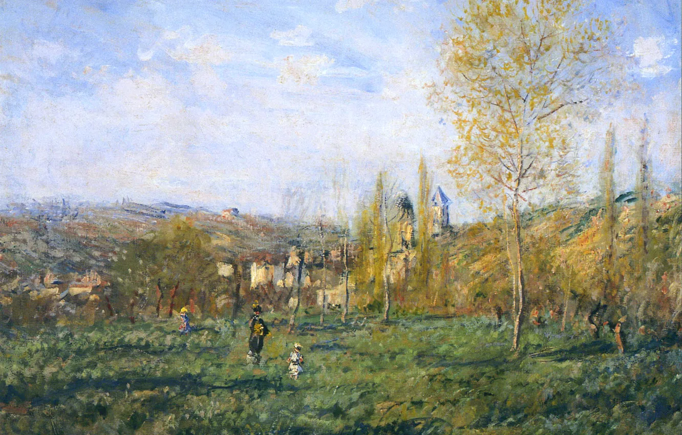 Photo wallpaper grass, trees, landscape, hills, picture, meadow, Claude Monet