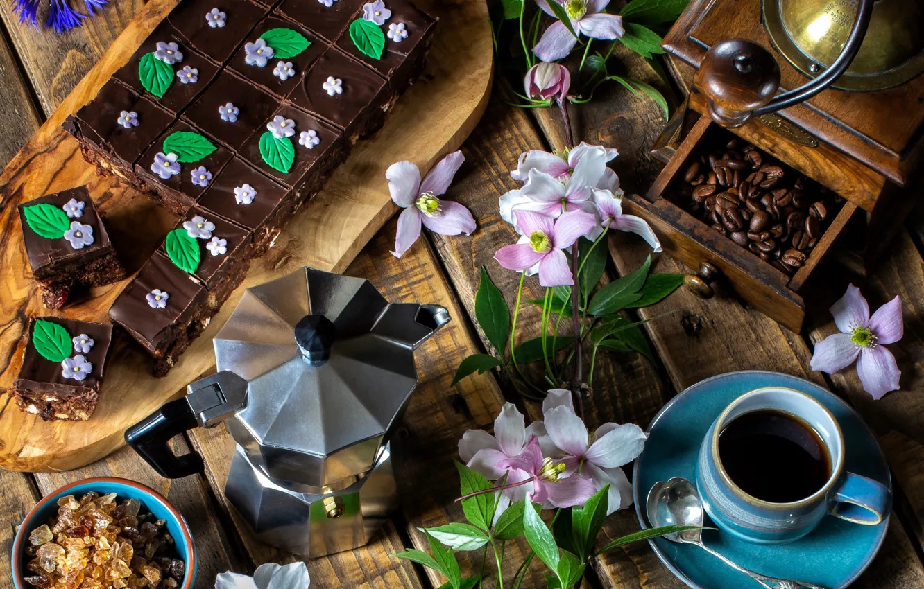 Photo wallpaper flowers, coffee, pie, sugar, clematis, coffee grinder, coffee pot