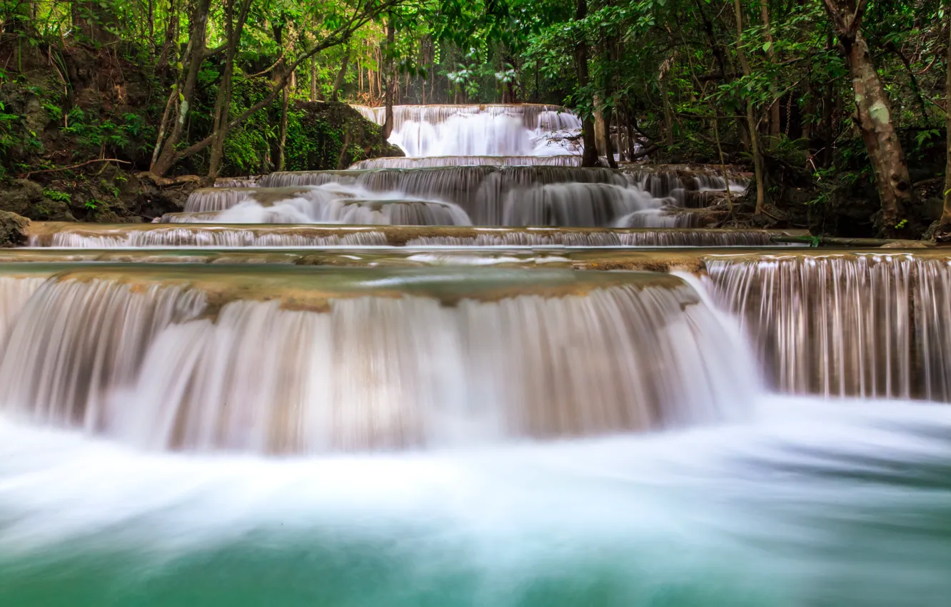 Photo wallpaper forest, landscape, river, rocks, waterfall, summer, forest, tropical