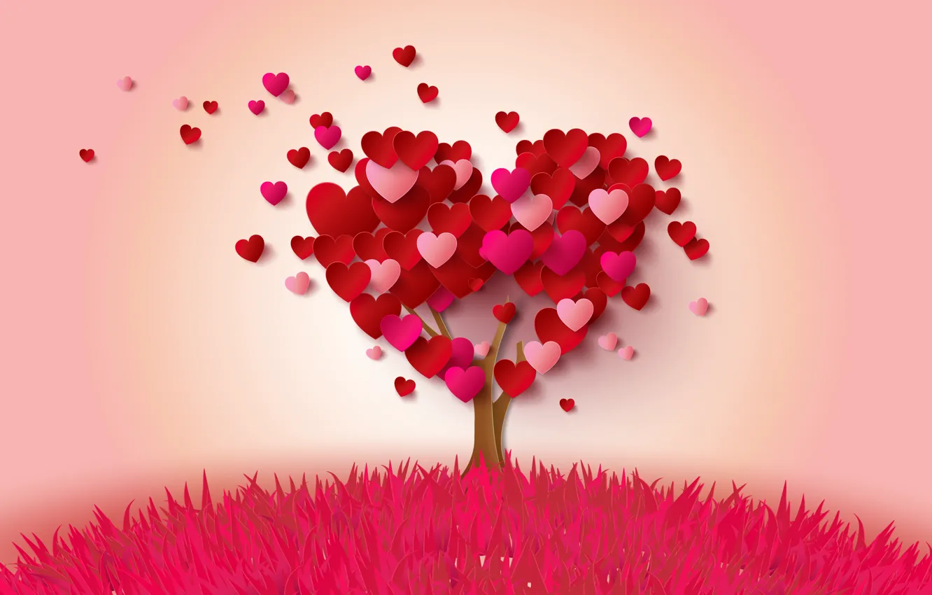 Photo wallpaper tree, heart, hearts, love, heart, pink, romantic