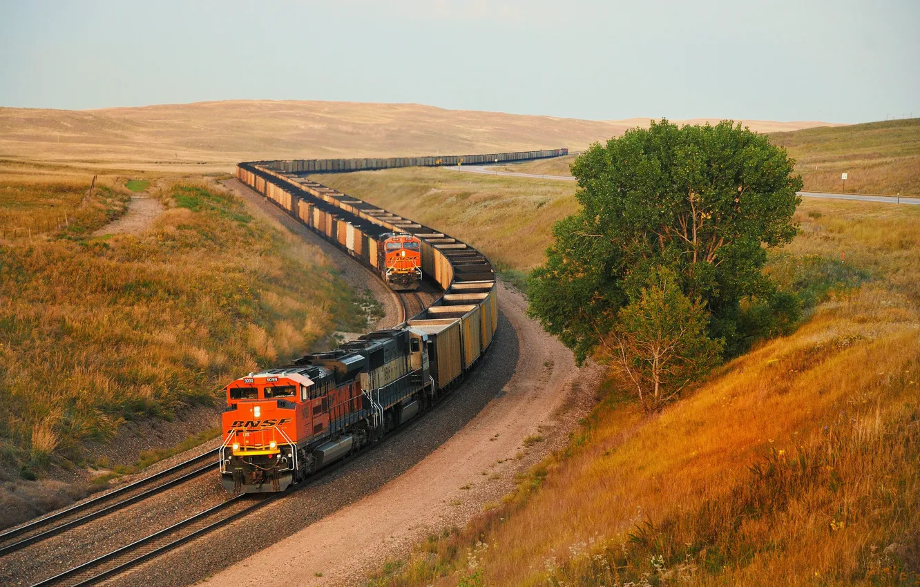 Photo wallpaper road, autumn, the sky, trees, hills, train, composition