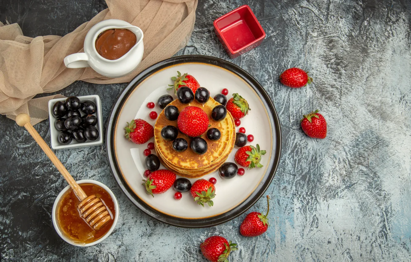 Photo wallpaper berries, background, chocolate, strawberry, grapes, honey, pancakes, pancake