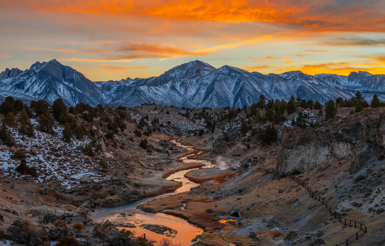 Photo wallpaper mountains, nature, river, CA, USA, Hot Creek