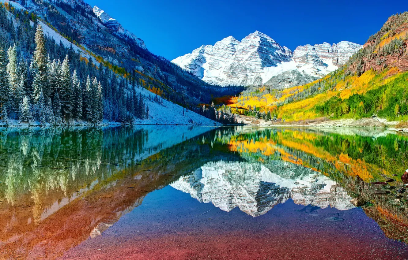 Photo wallpaper autumn, forest, the sky, water, snow, reflection, mountains, lake