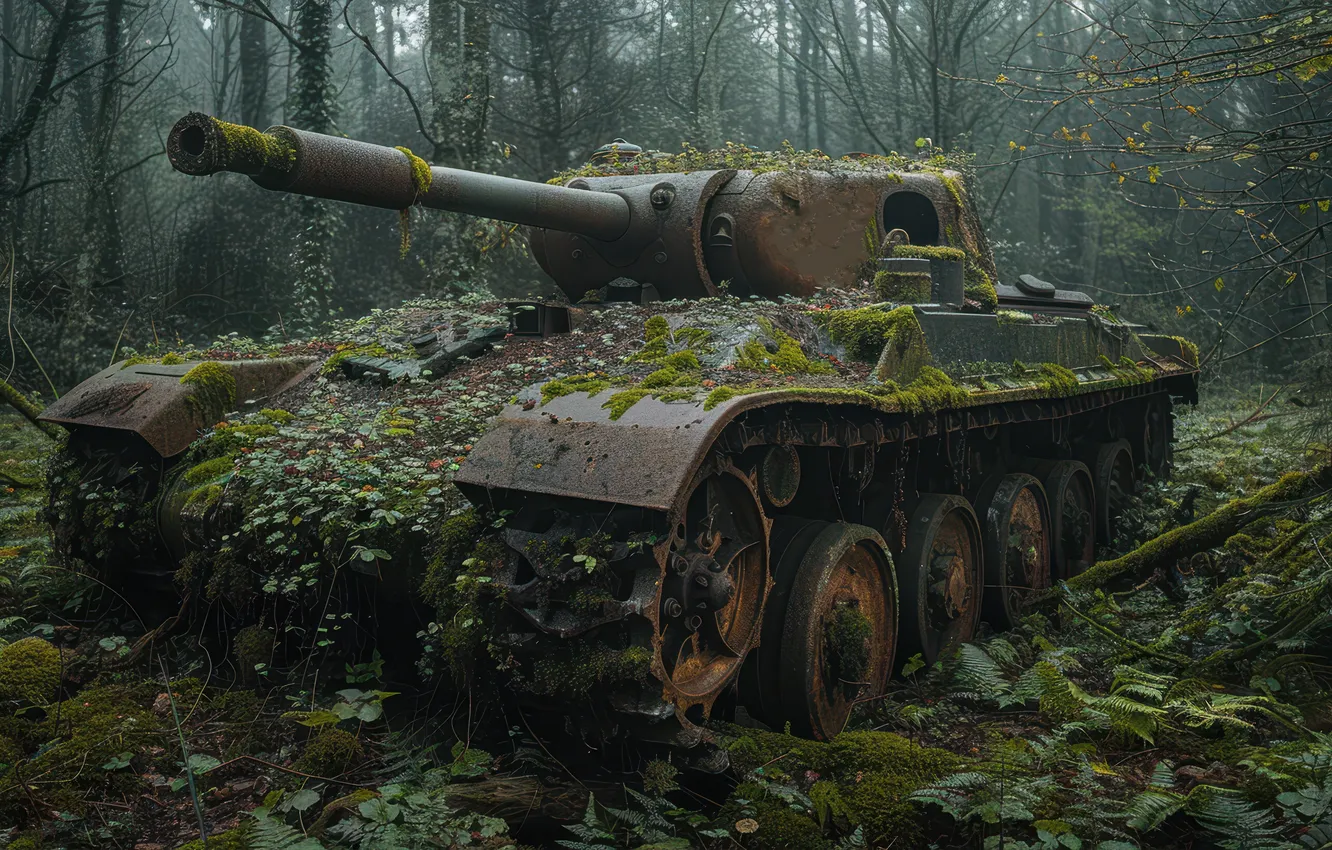 Photo wallpaper Trees, Tank, WWII, The great Patriotic war, The Second World War, Digital art, AI art, …