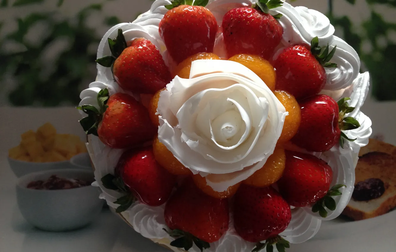 Photo wallpaper flowers, berries, raspberry, table, strawberry, cake, cream, dessert