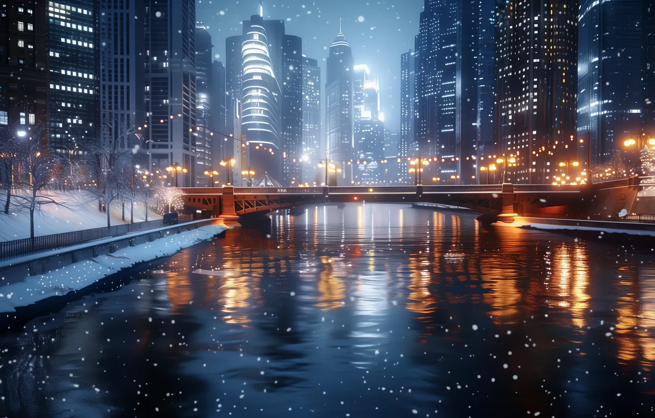 Photo wallpaper city, bridge, water, art, winter, snow