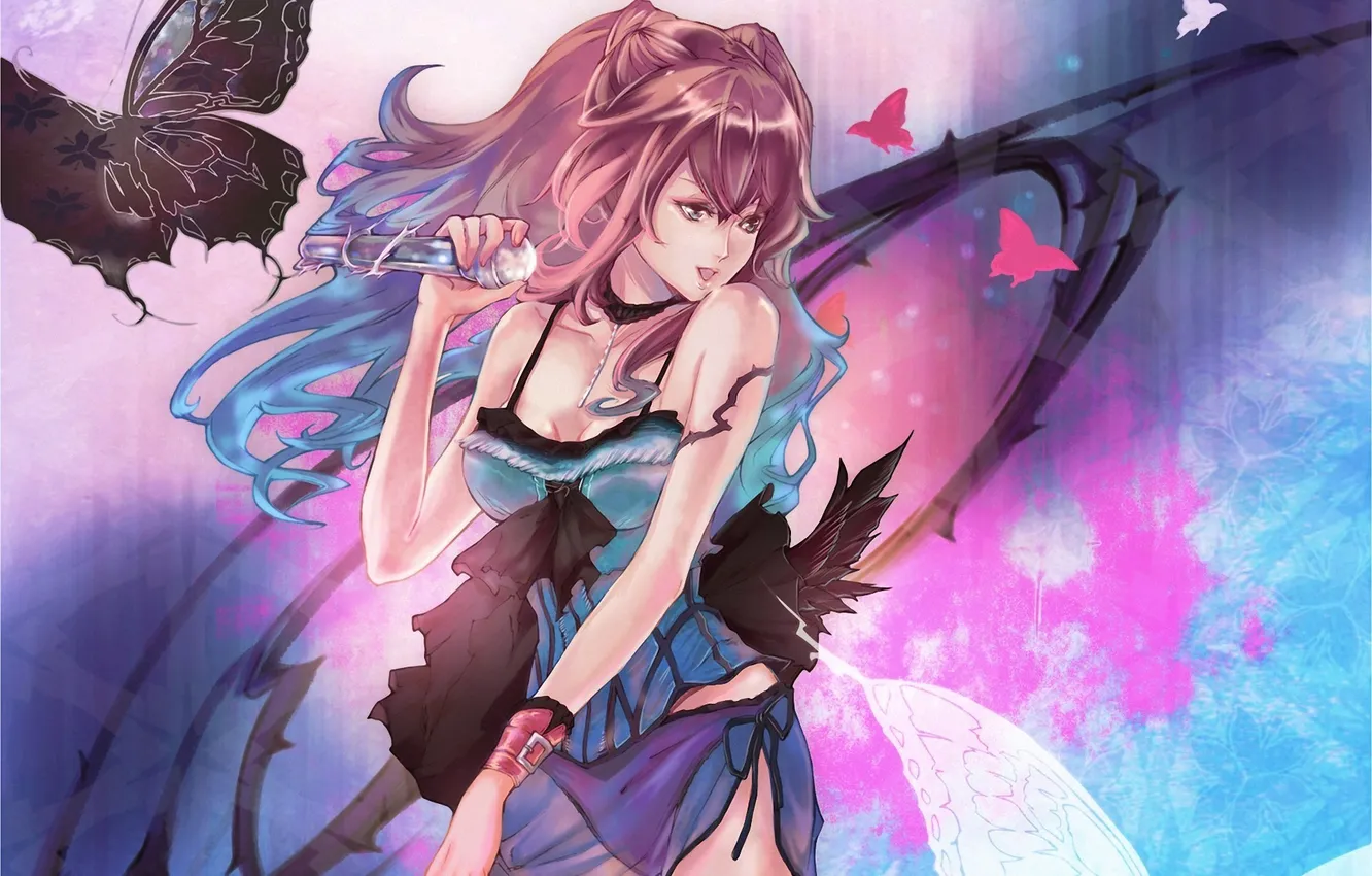 Photo wallpaper girl, butterfly, art, microphone, singing, ic-kaname