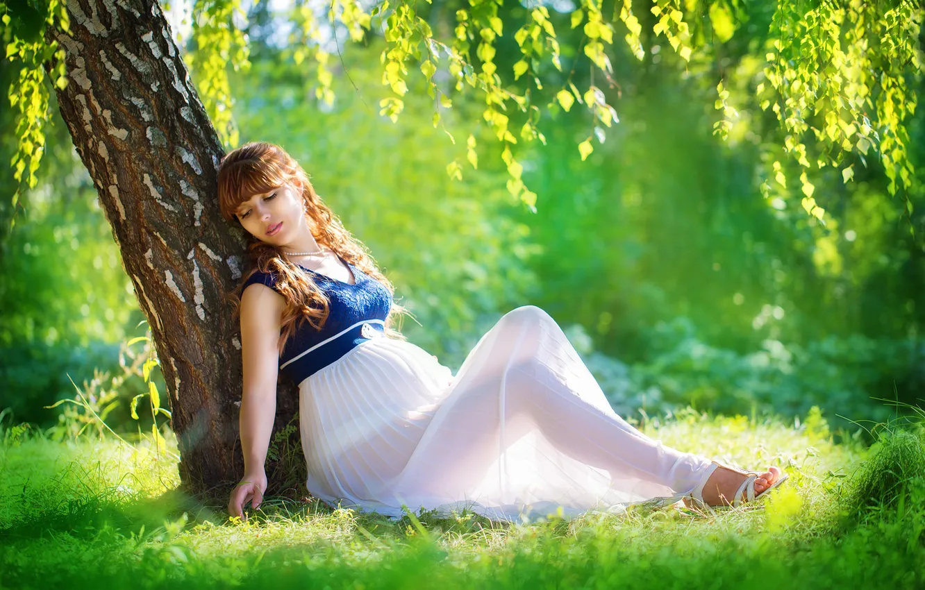 Photo wallpaper summer, girl, trees, foliage, brown hair, light. lawn