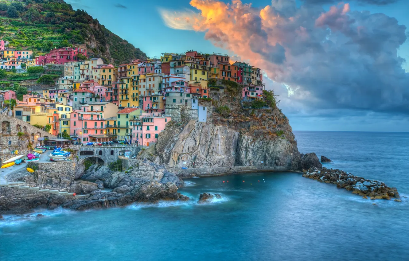 Photo wallpaper sea, clouds, landscape, rocks, coast, building, Italy, Italy