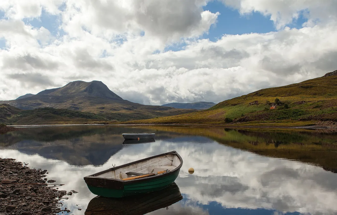 Photo wallpaper water, lake, stones, hills, shore, boat, Scotland