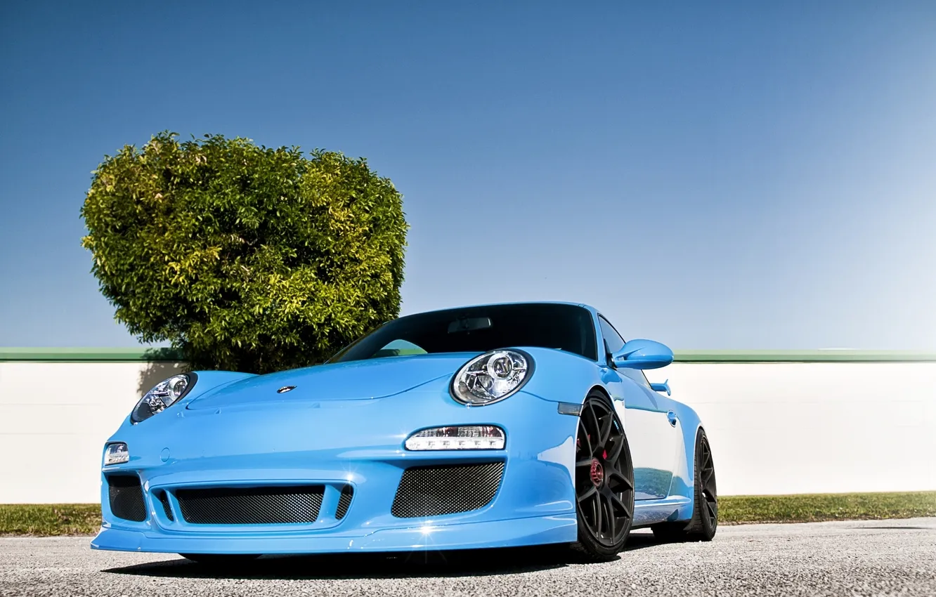Photo wallpaper the sky, trees, blue, tuning, the fence, 911, Porsche, supercar