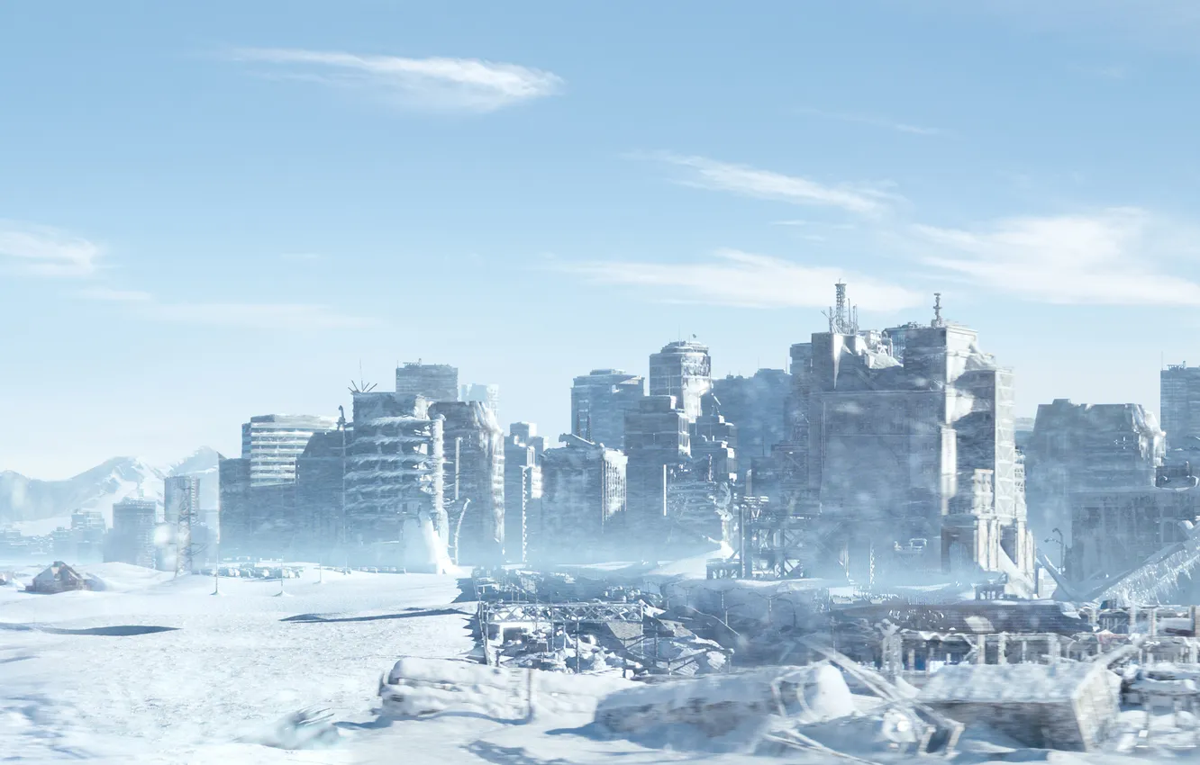 Photo wallpaper ice, winter, snow, mountains, the city, fiction, home, disaster