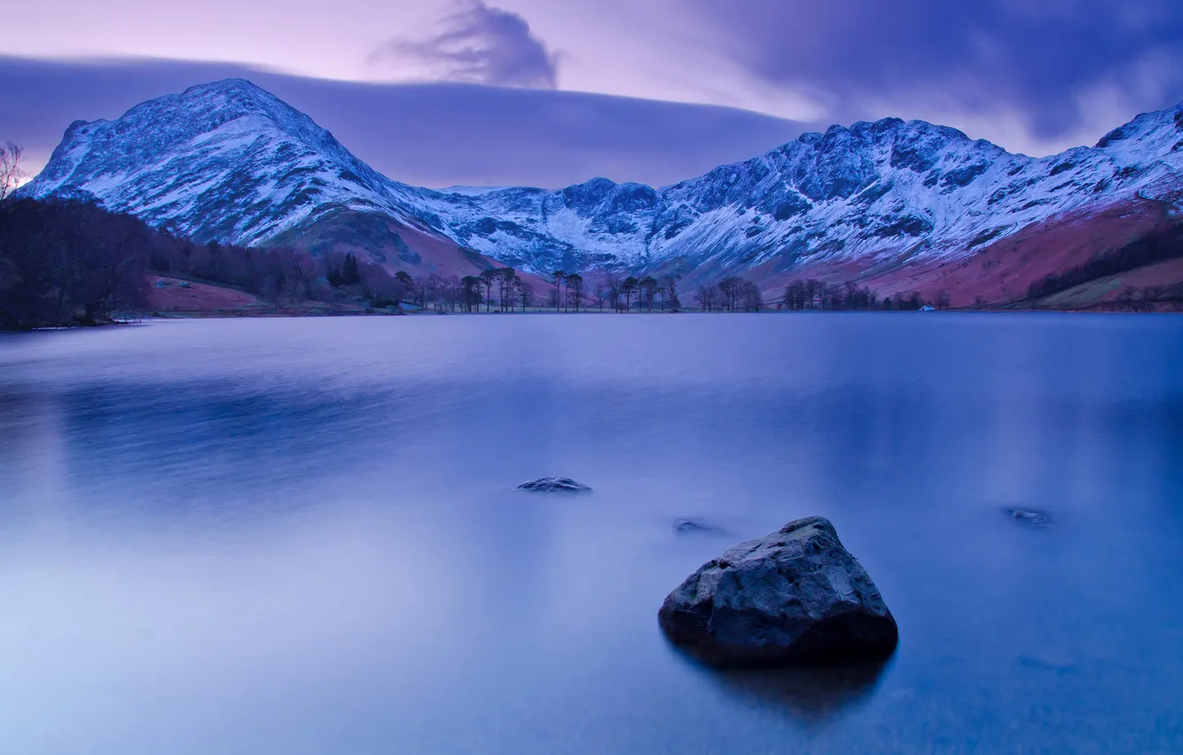 Photo wallpaper trees, mountains, lake, stones, the evening