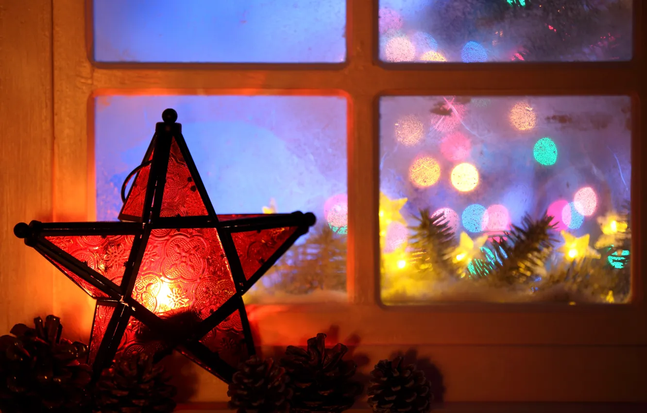 Photo wallpaper lights, star, tree, candle, window, New year, garland, Christmas