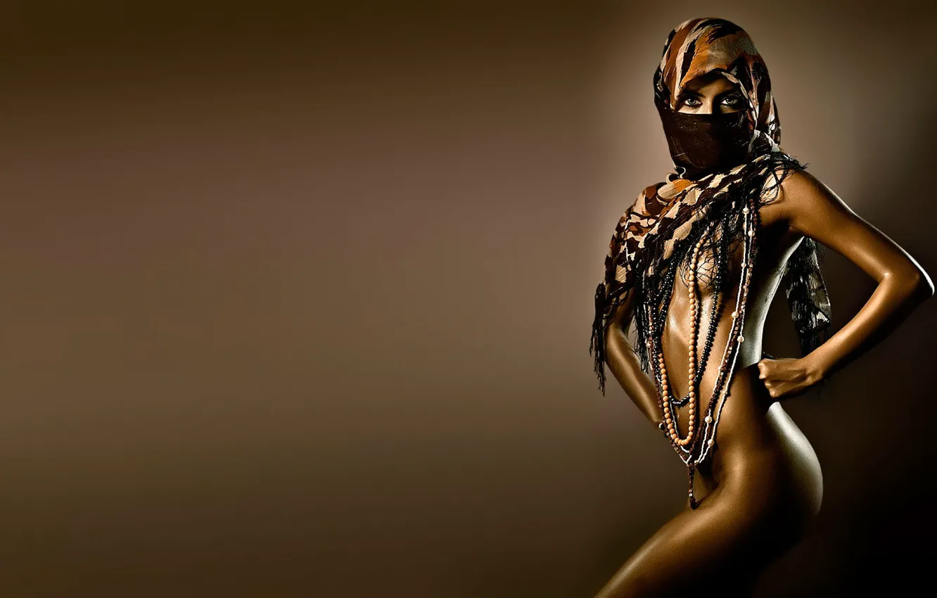 Photo wallpaper girl, pose, body, beads, Asian, shawl