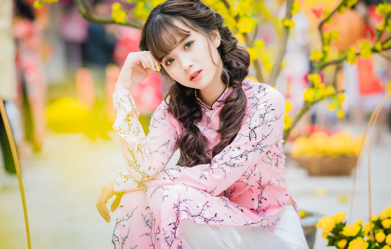 Photo wallpaper look, girl, Asian, cutie, bokeh