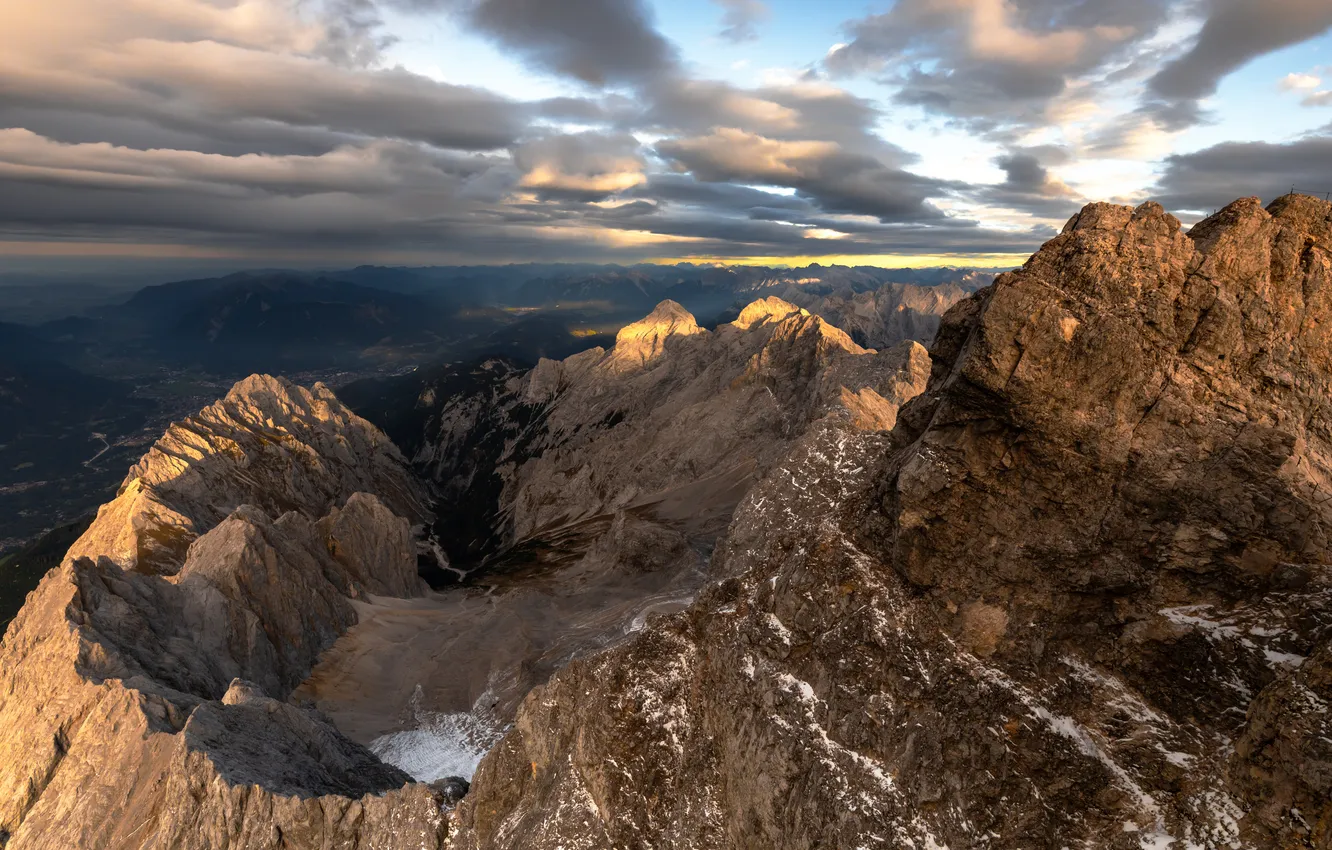 Photo wallpaper clouds, tops, beauty, shadow, morning, horizon, Zugspitze, Evgenia Cech