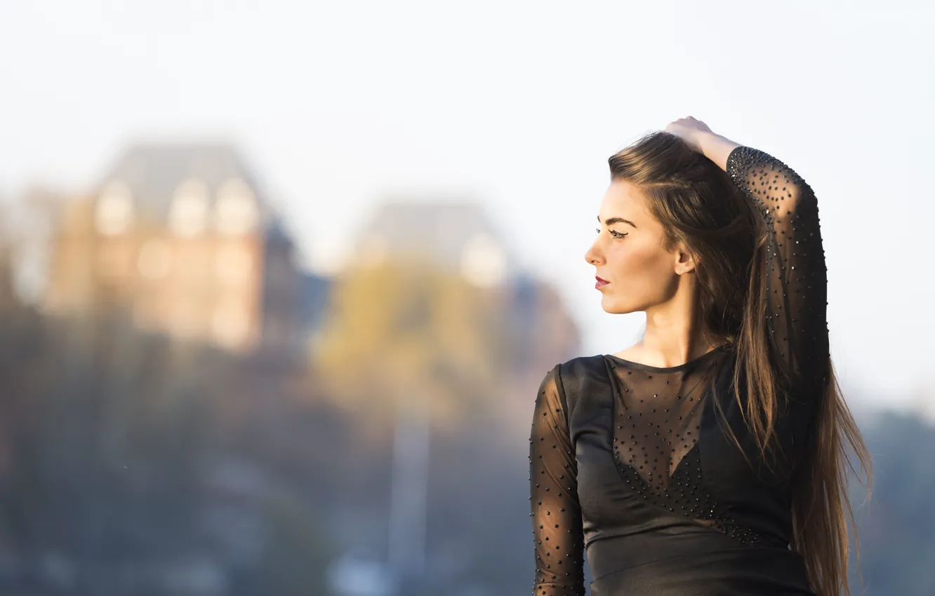 Photo wallpaper face, background, model, hair, dress, profile, Federica