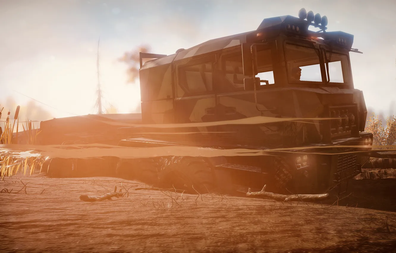 Photo wallpaper HDR, Truck, Game, Trailer, Sunshine, Sea, Sunlight, Branches