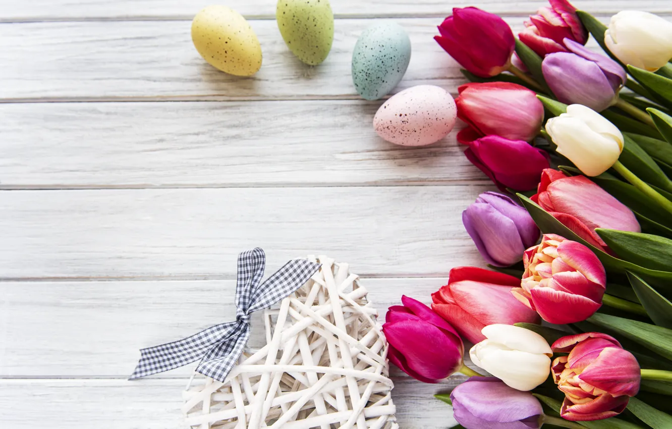 Photo wallpaper flowers, eggs, spring, colorful, Easter, tulips, heart, wood