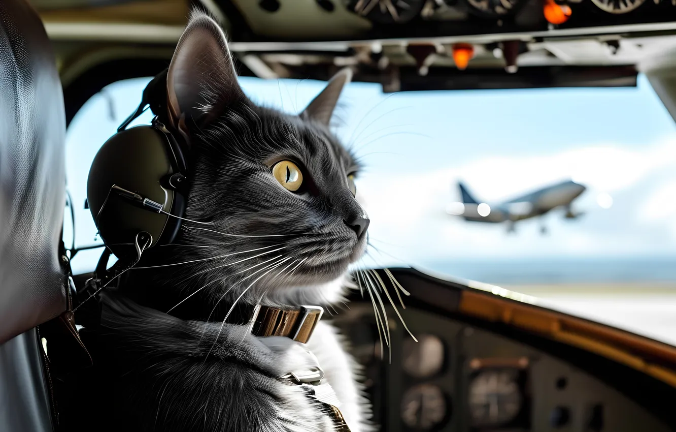 Photo wallpaper cat, pilot, the plane, pilot, Boeing, the cockpit