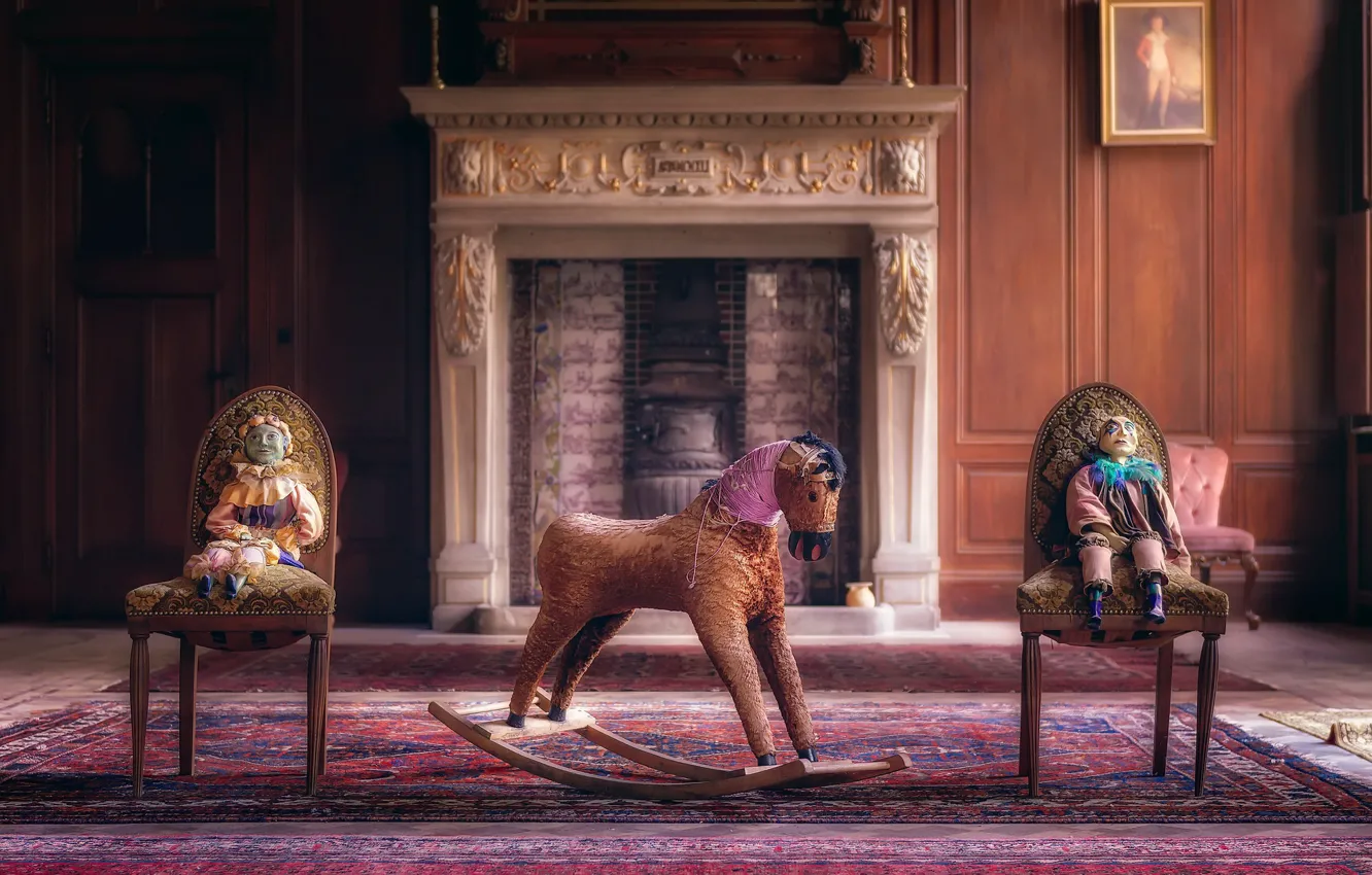 Photo wallpaper room, horse, doll, chair