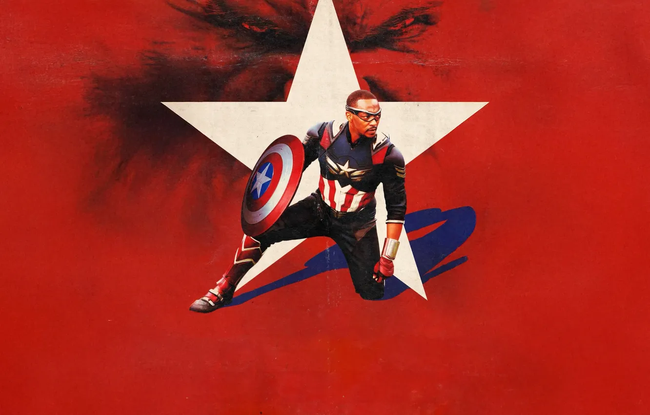 Photo wallpaper stars, costume, shield, poster, red background, Marvel, comic, Captain America