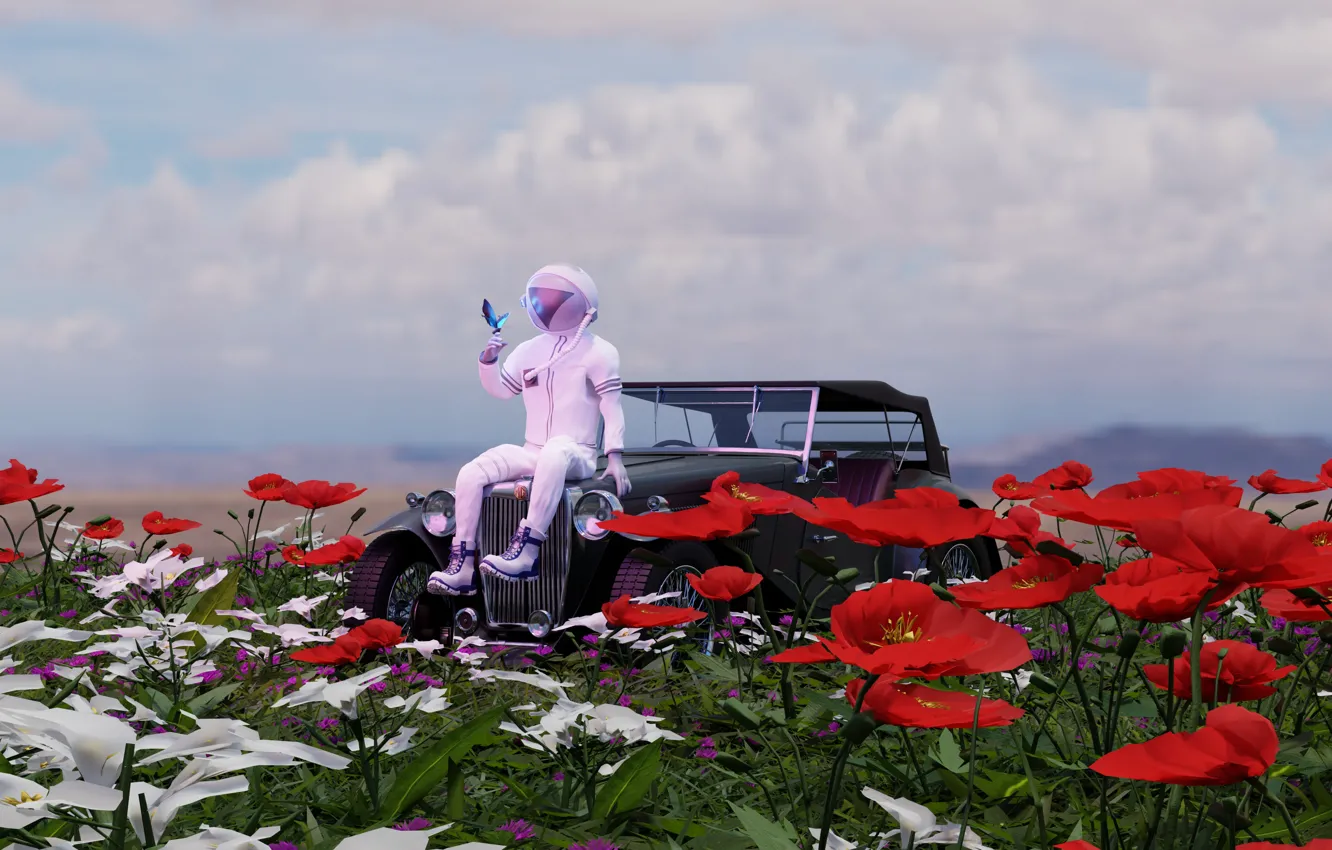 Photo wallpaper machine, retro, sweetheart, butterfly, Maki, astronaut, helmet, car