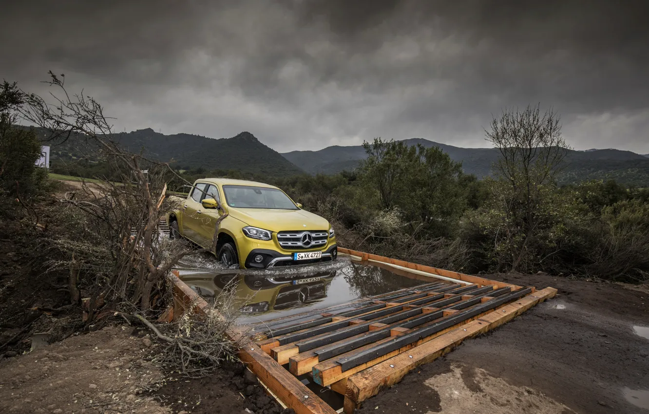 Photo wallpaper yellow, movement, overcast, Mercedes-Benz, puddle, pickup, 2017, X-Class