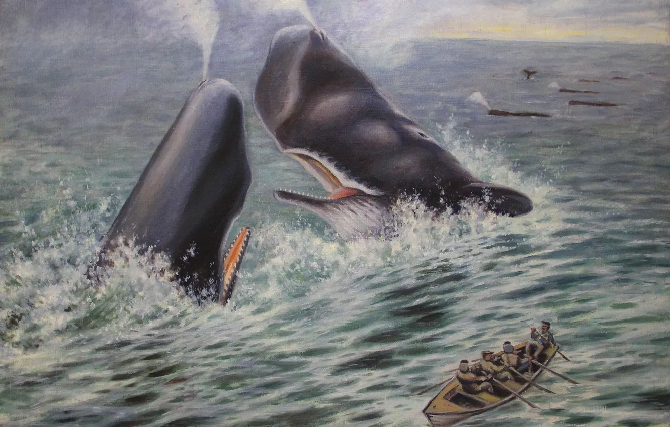 Photo wallpaper sea, boat, people, picture, sperm whale, Sperm Whale Fight, Nikolai Kondakov, Nikolai Kondakov