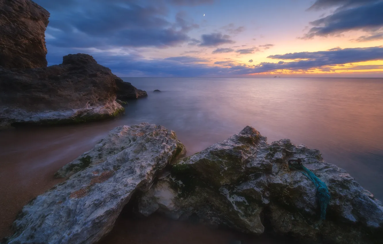 Photo wallpaper sea, the sky, sunset, stones, shore, the evening, Crimea, Rev Alex