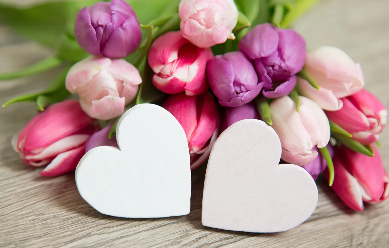 Photo wallpaper flowers, heart, bouquet, tulips, love, pink, heart, pink