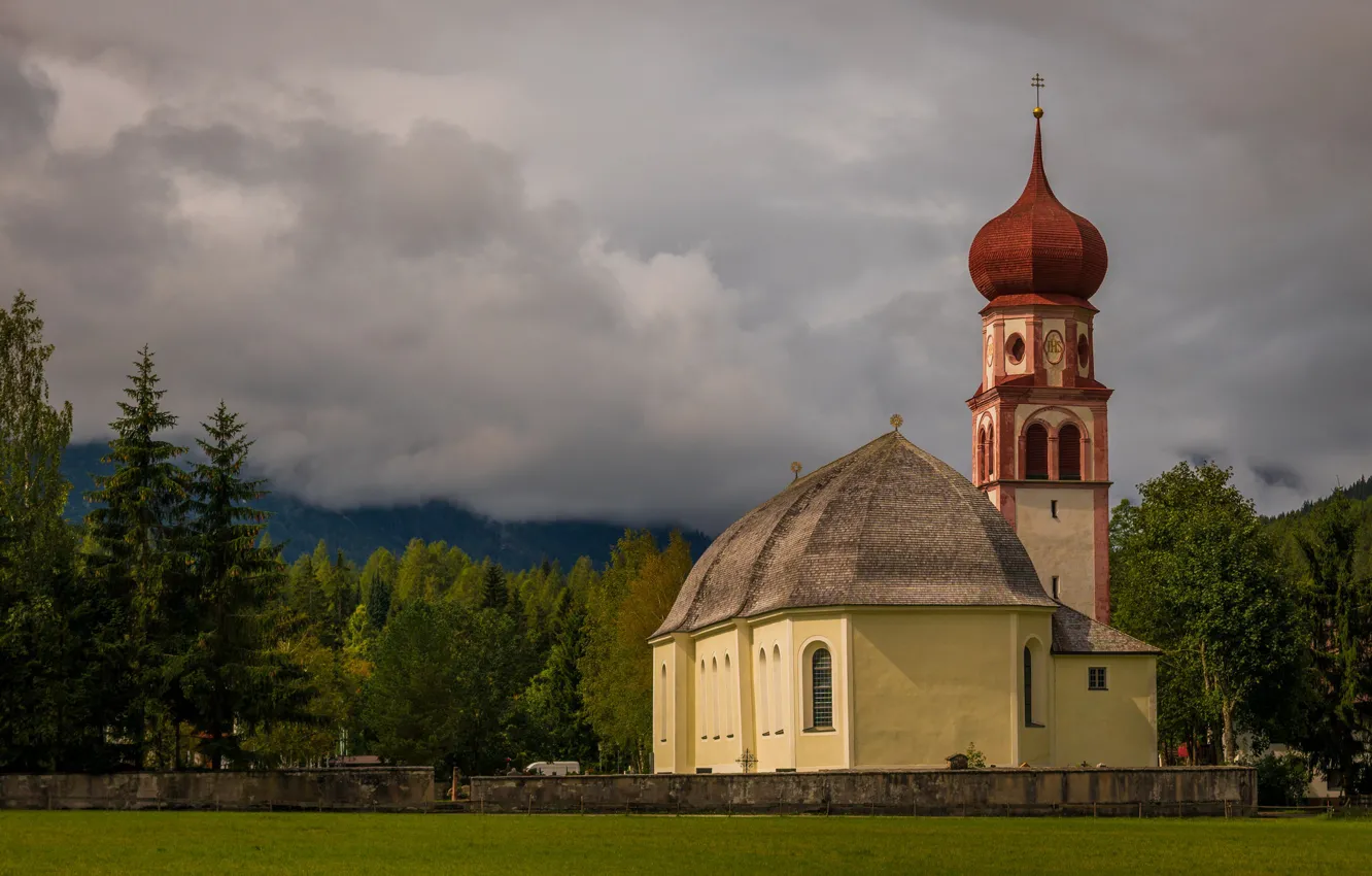 Photo wallpaper autumn, forest, summer, the sky, clouds, trees, mountains, clouds