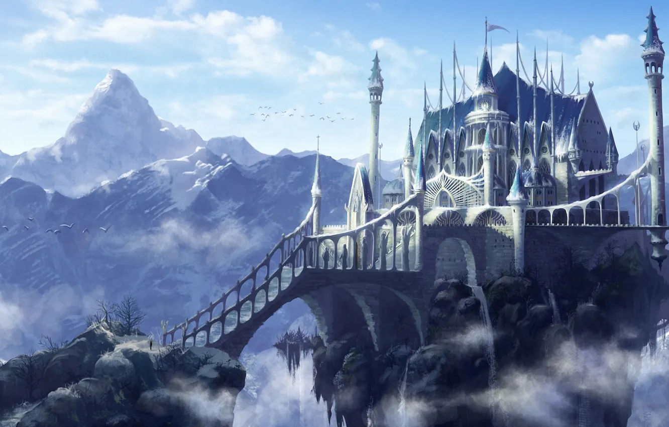 Photo wallpaper clouds, mountains, bridge, castle, rocks, height, art, fortress