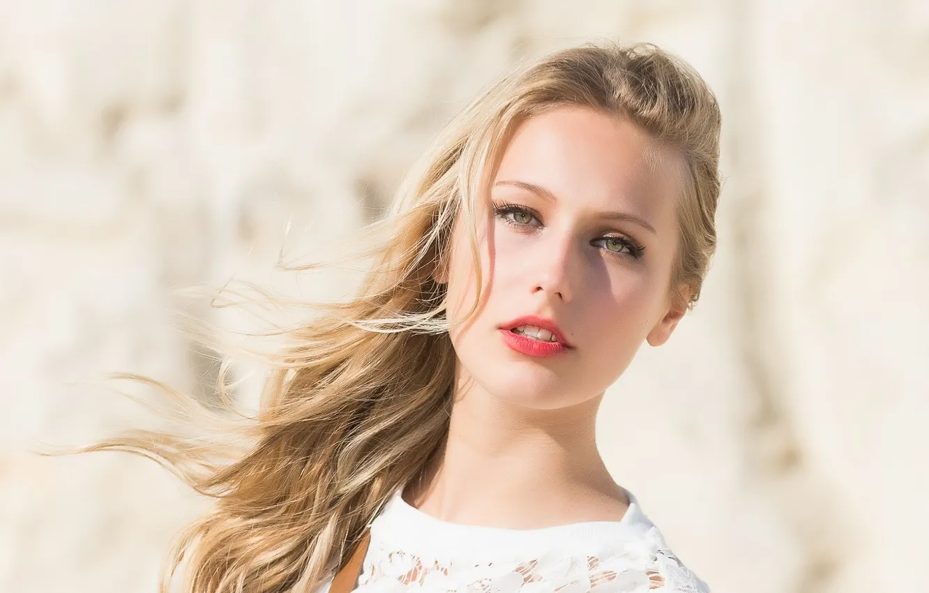 Photo wallpaper girl, blouse, eyes, model, lips, hair, looking, sitting