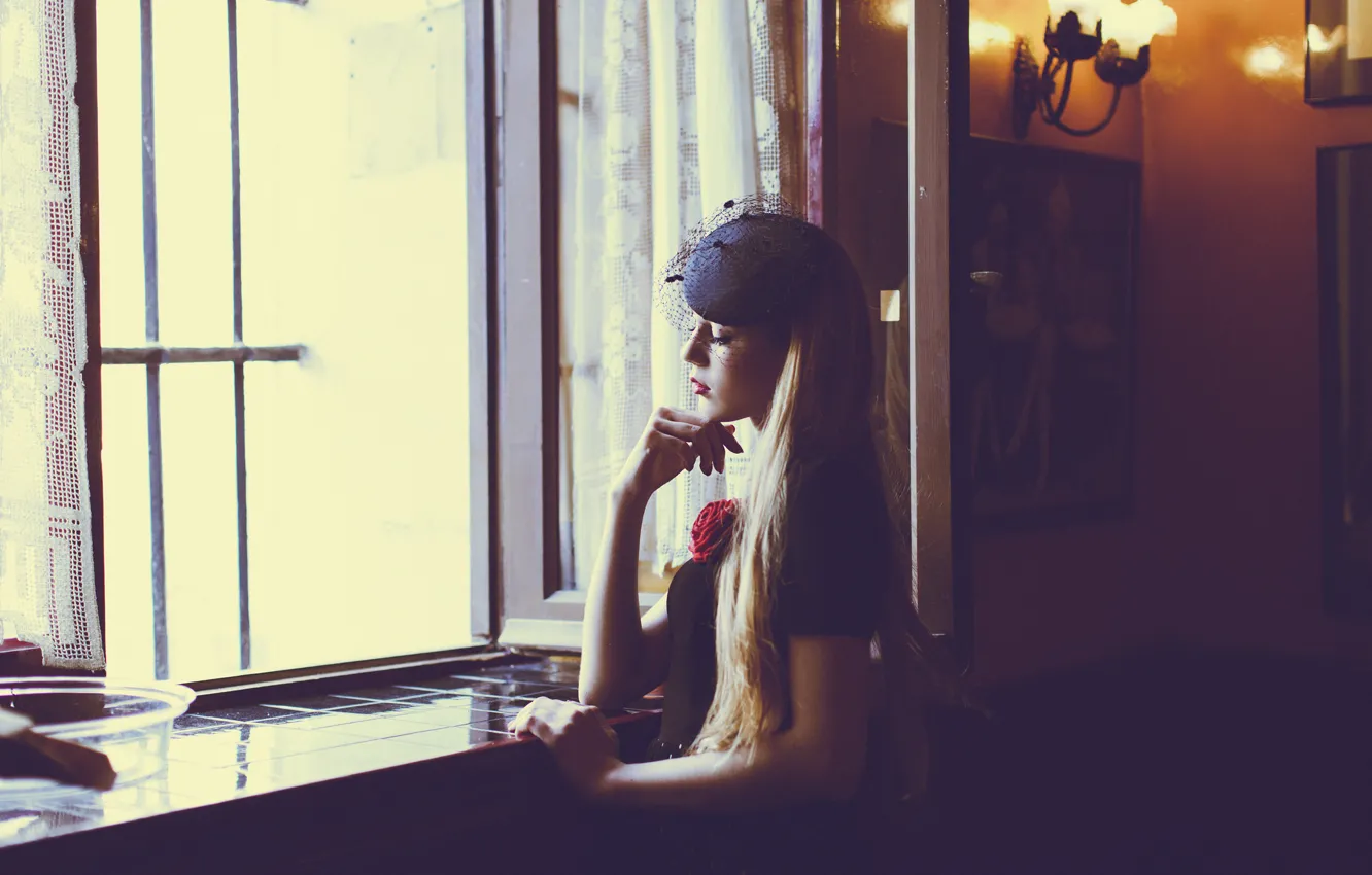 Photo wallpaper girl, pose, room, window, blonde