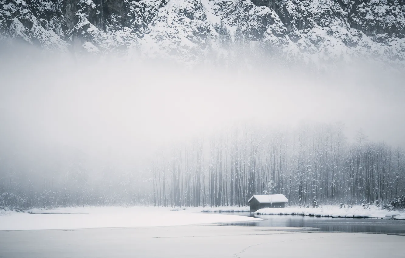 Photo wallpaper winter, mountains, fog, home