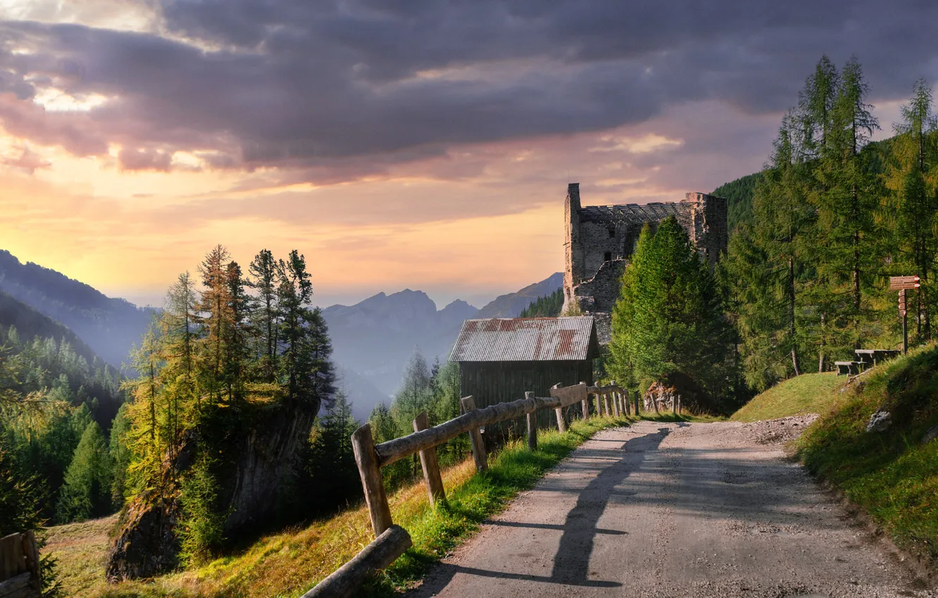 Photo wallpaper road, forest, the sky, clouds, light, mountains, fog, the fence