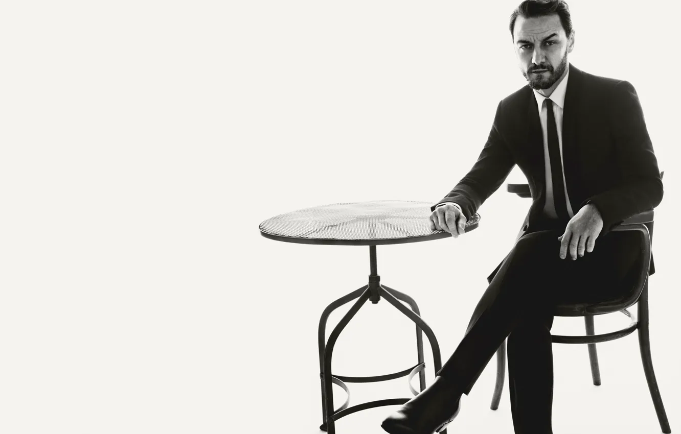 Photo wallpaper photo, table, background, chair, costume, actor, black and white, James McAvoy